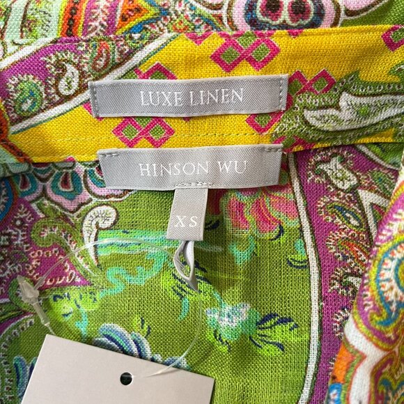 Hinson Wu Reese Long Sleeve Luxe Linen Boho Green Paisley Shirt Size XS NWT - Picture 9 of 12